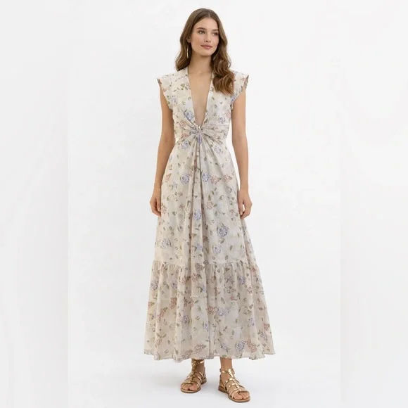 Sofía The Label Floral Cut-Out Maxi Cream Pastel Print Deep V Boho Summer Dress - Picture 1 of 16